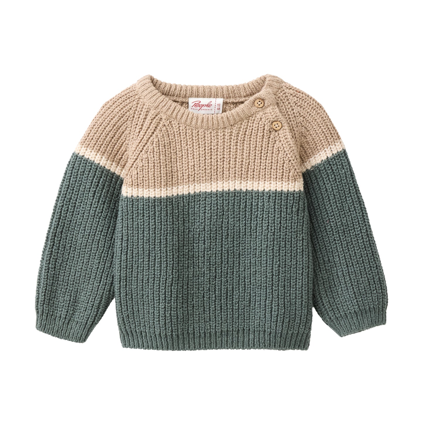 People wear organic Strick Pullover Blockstreifen beige/eukalyptus Bio-Bamwolle
