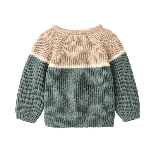 People wear organic Strick Pullover Blockstreifen beige/eukalyptus Bio-Bamwolle